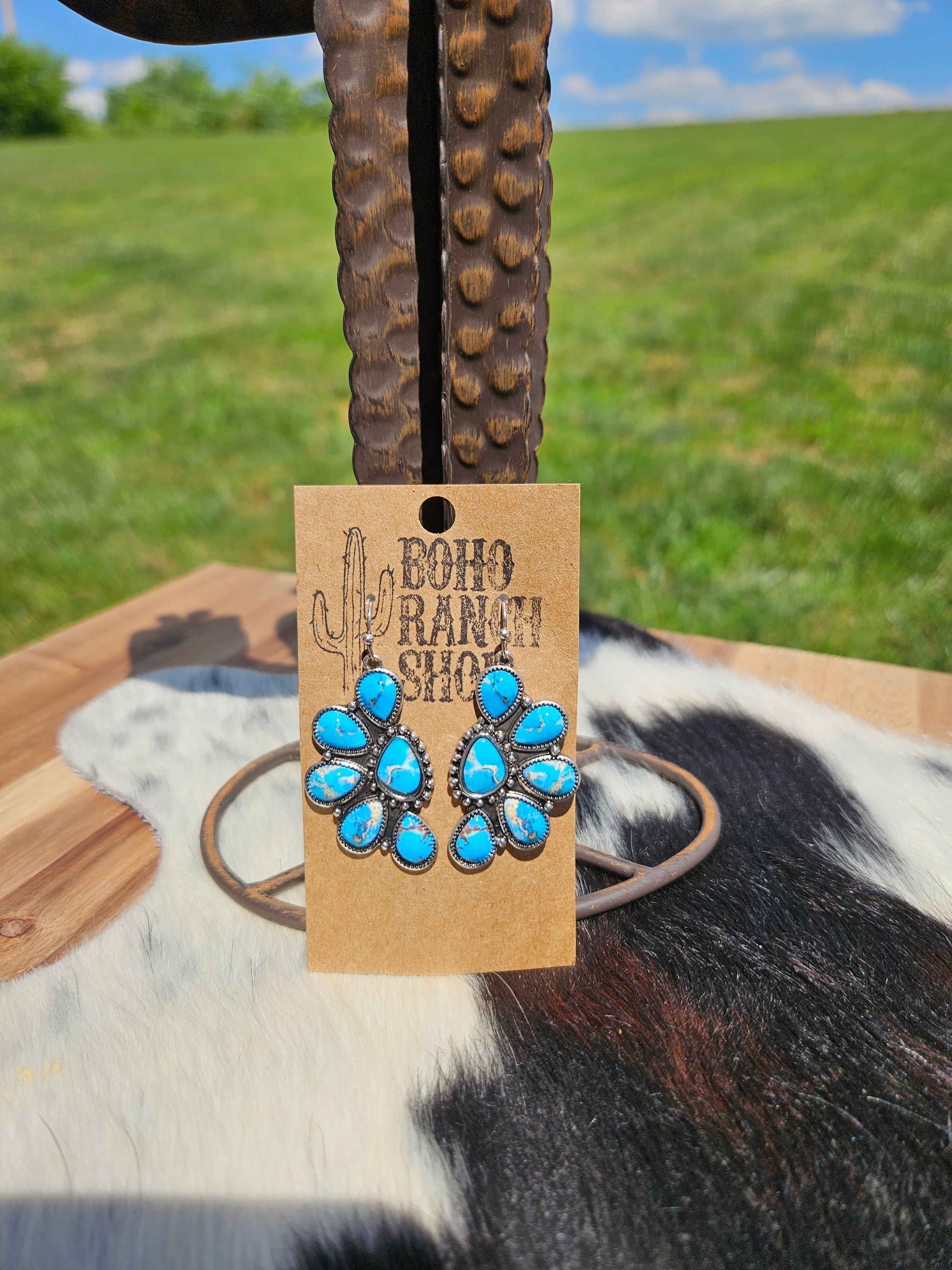 Western Half Concho Squash Blossom Stone Dangle Earrings: Turquoise