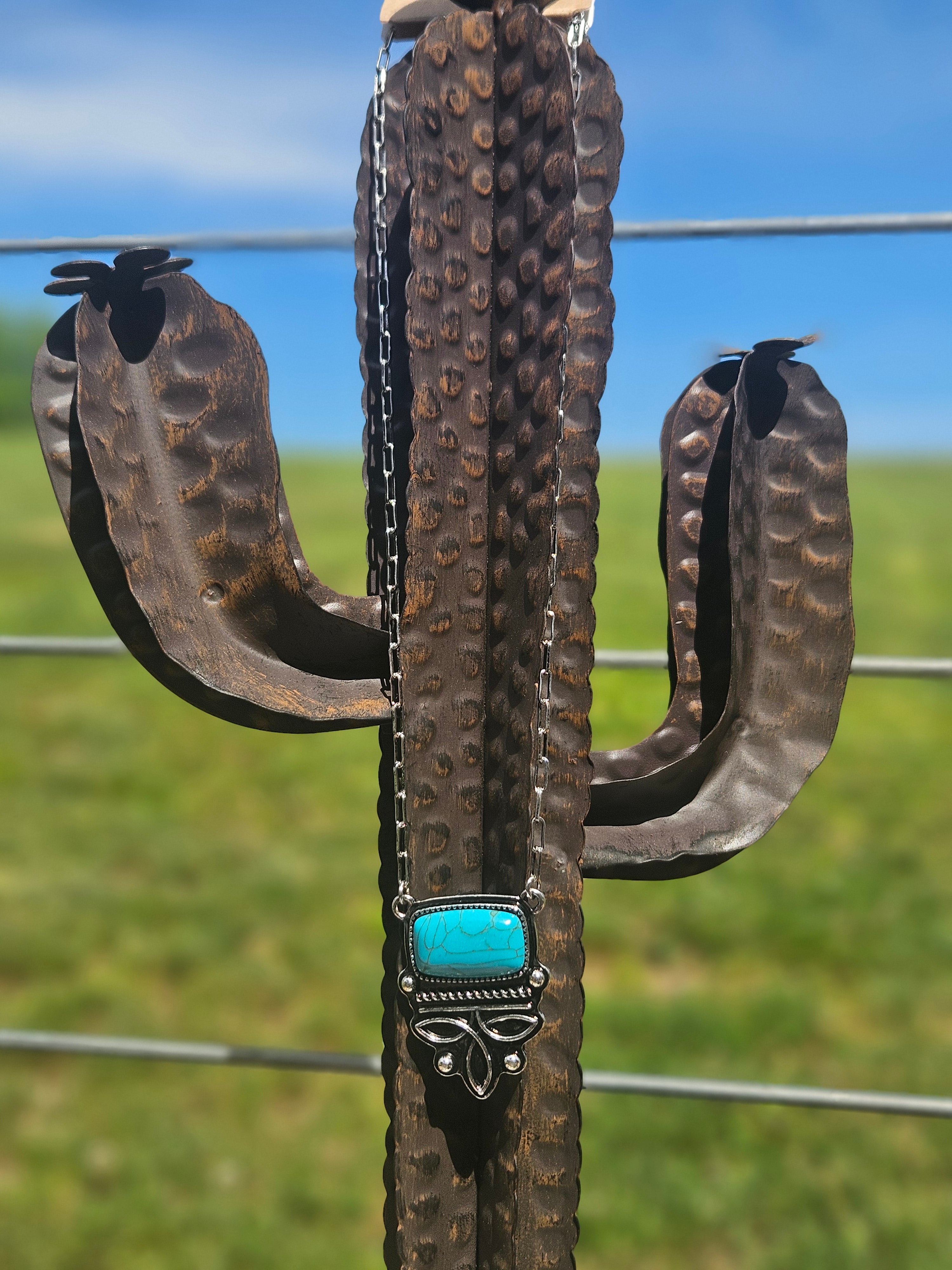 Western Rectangle Turquoise Boot Stitch Pendant Necklace