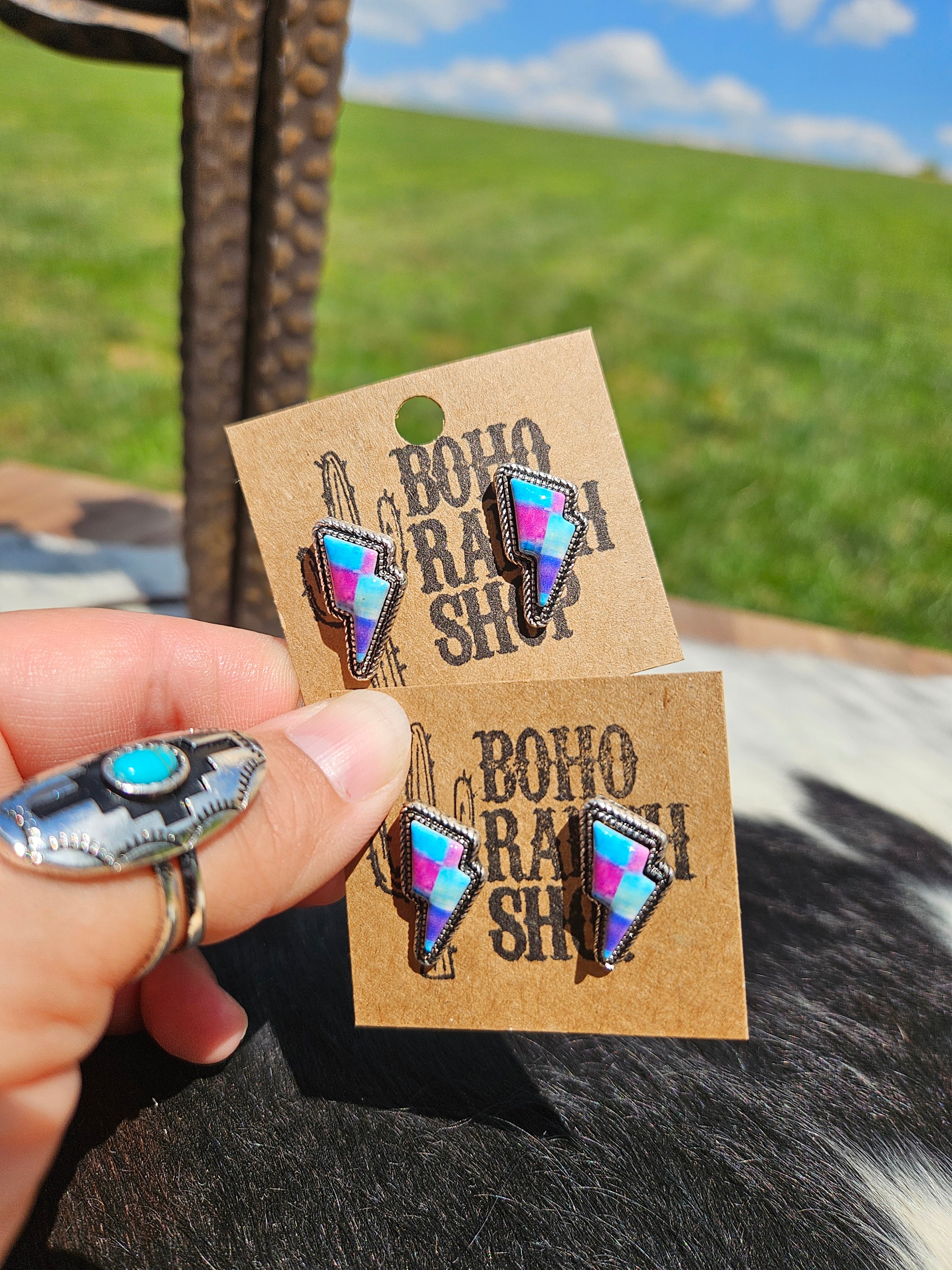 Western Checker Checkered Lightning Stud Earrings: Multi