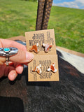 Steer Head Cowhead Cowhide Stud Earrings: TAN + WHITE
