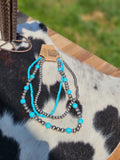 3 Layer Western Navajo Pearl & Turquoise Stone Necklace